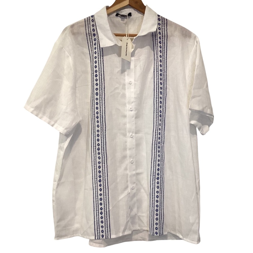 Ouku Mens XL White Cotton Linen Short Sleeve Embroidered Button Down Shirt